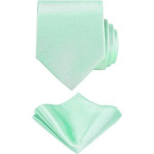 Solid Tie Mint Satin Color Formal Necktie and Pocket Square Sets in Gift Box